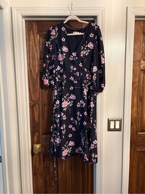 Eliza J Navy Midi Wrap Dress with Pink Floral Print